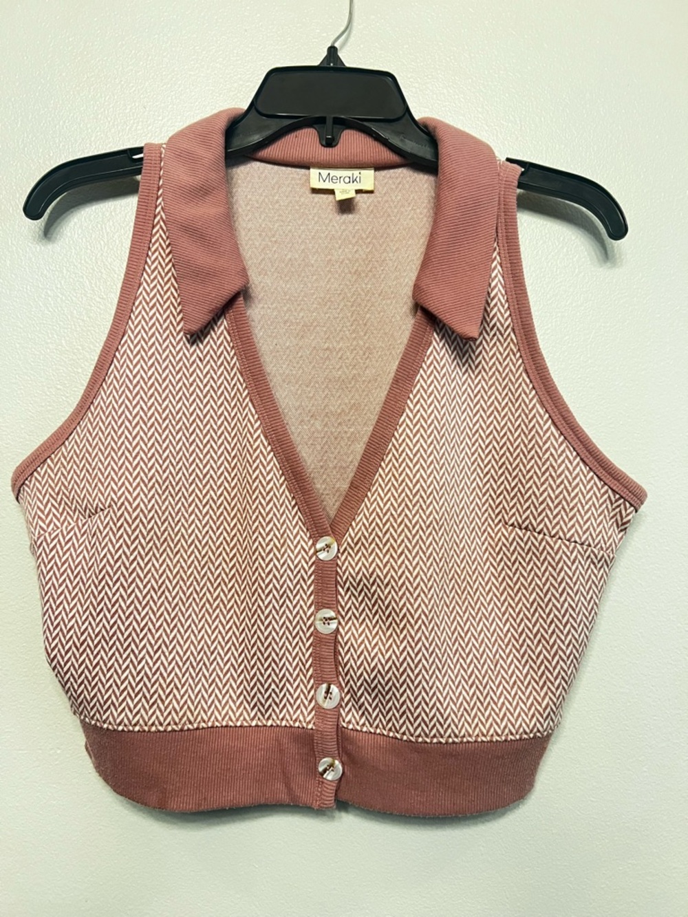 meraki Dusty Rose & Cream Herringbone Collared Crop Top V Neck Tank Vest Retro - Picture 2 of 7